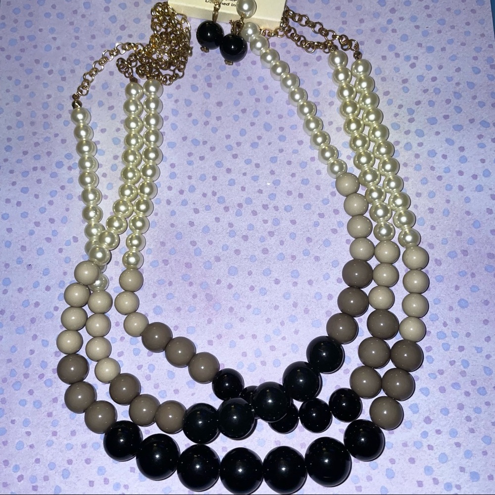 Alpha Black Ombré Beaded & Faux Pearled 3-Layered Necklace & Earring Set